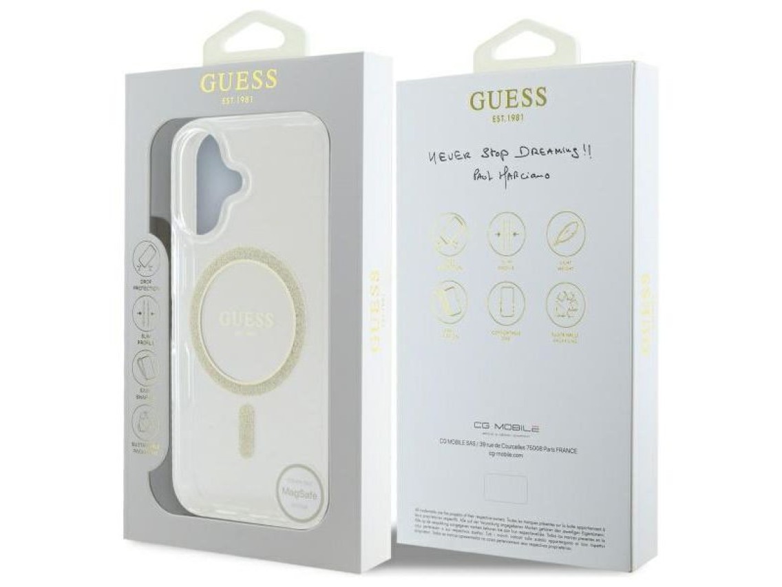 Funda rígida transparente Guess GUHMP16MHFGERET para iPhone 16 Plus de 6,7" con diseño IML y purpuri