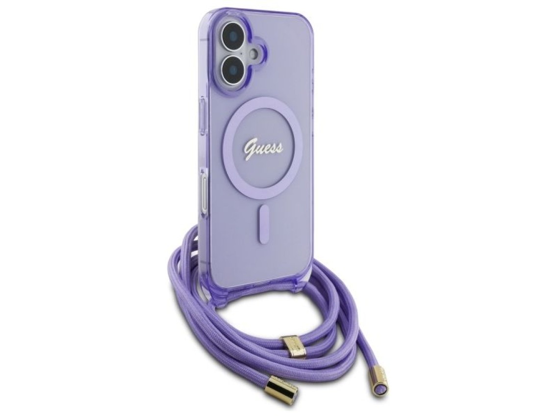 Capa Guess Crossbody Cord Script MagSafe para iPhone 16 - Roxa
