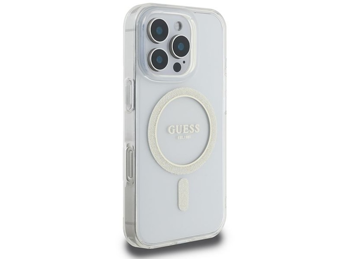 Funda Guess IML Glitter Circle MagSafe para iPhone 16 Pro Max - Transparente