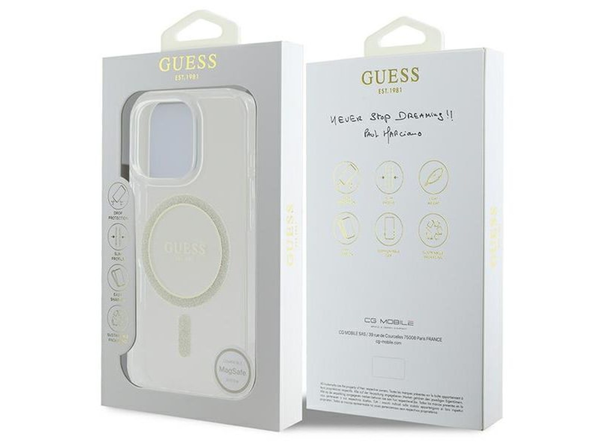 Funda Guess IML Glitter Circle MagSafe para iPhone 16 Pro Max - Transparente