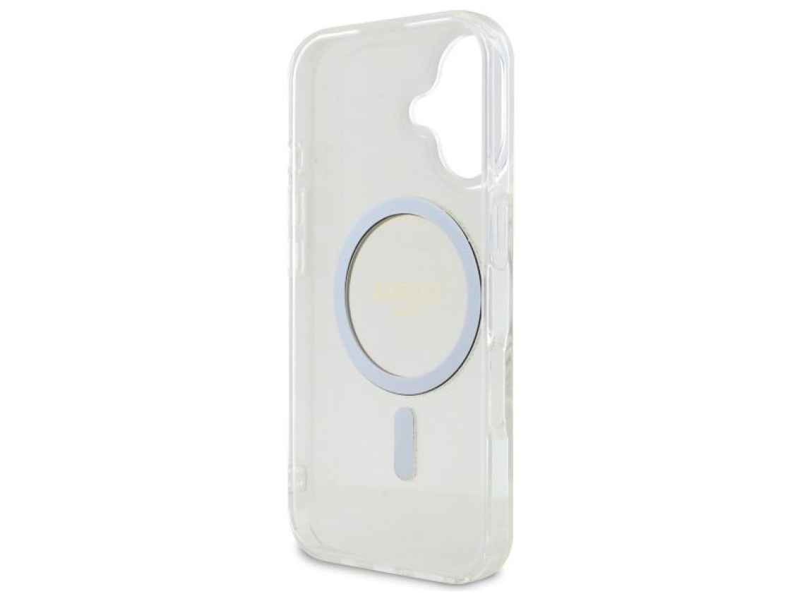 Funda rígida transparente Guess GUHMP16MHFGERET para iPhone 16 Plus de 6,7" con diseño IML y purpuri