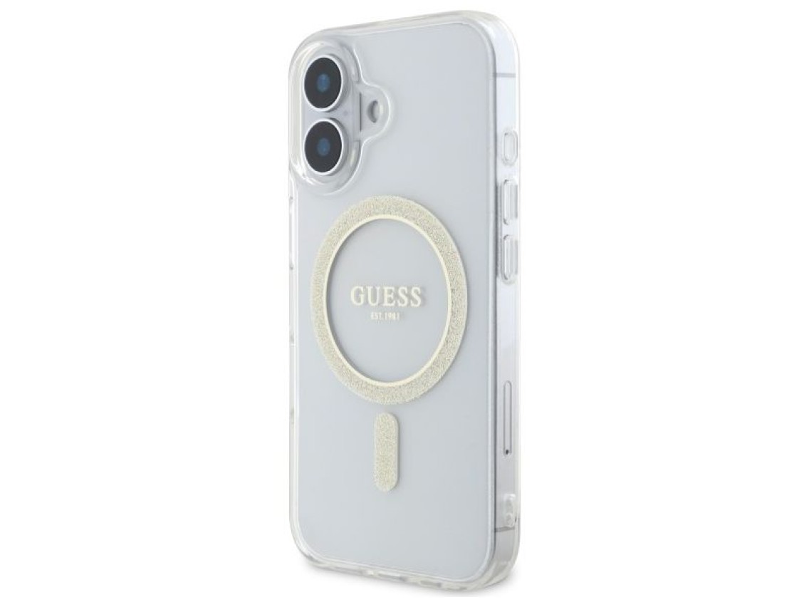 Funda rígida transparente Guess GUHMP16MHFGERET para iPhone 16 Plus de 6,7" con diseño IML y purpuri