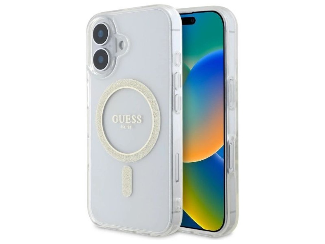 Funda rígida transparente Guess GUHMP16MHFGERET para iPhone 16 Plus de 6,7" con diseño IML y purpuri
