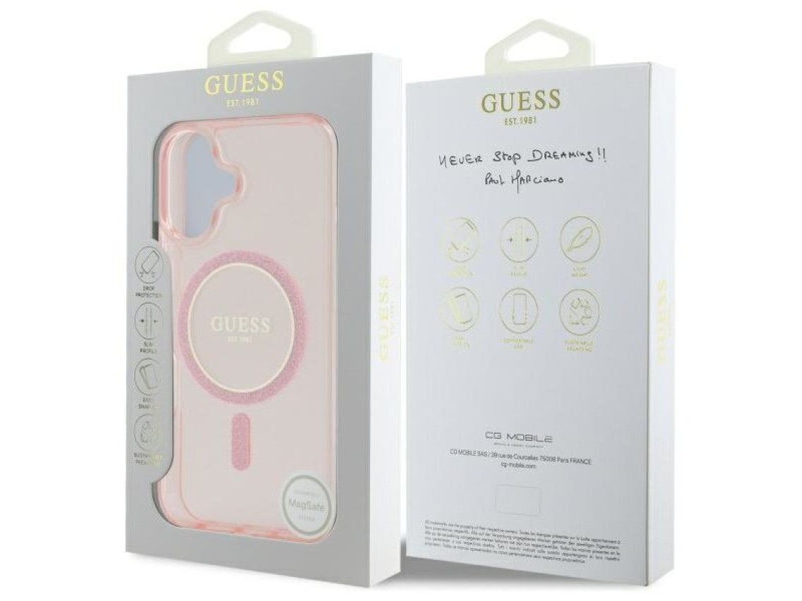 Capa rígida rosa/rosa com glitter circular IML MagSafe para iPhone 16 6.1" Guess GUHMP16SHFGEREP