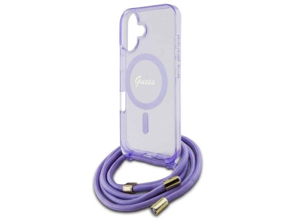 Capa Guess Crossbody Cord Script MagSafe para iPhone 16 - Roxa