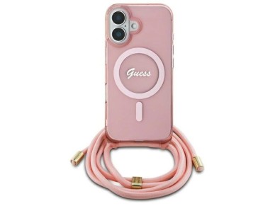 Capa Guess Crossbody Cord Script MagSafe para iPhone 16 - Rosa
