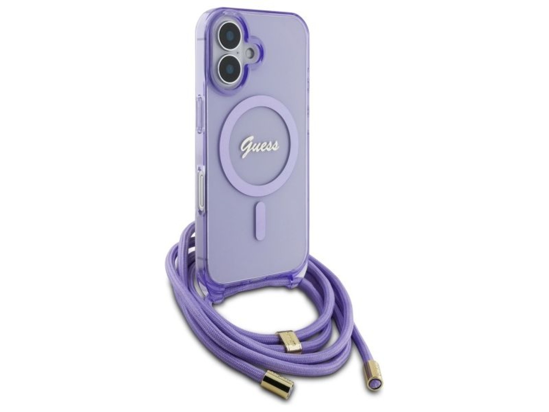 Capa Guess Crossbody Cord Script MagSafe para iPhone 16 - Roxa