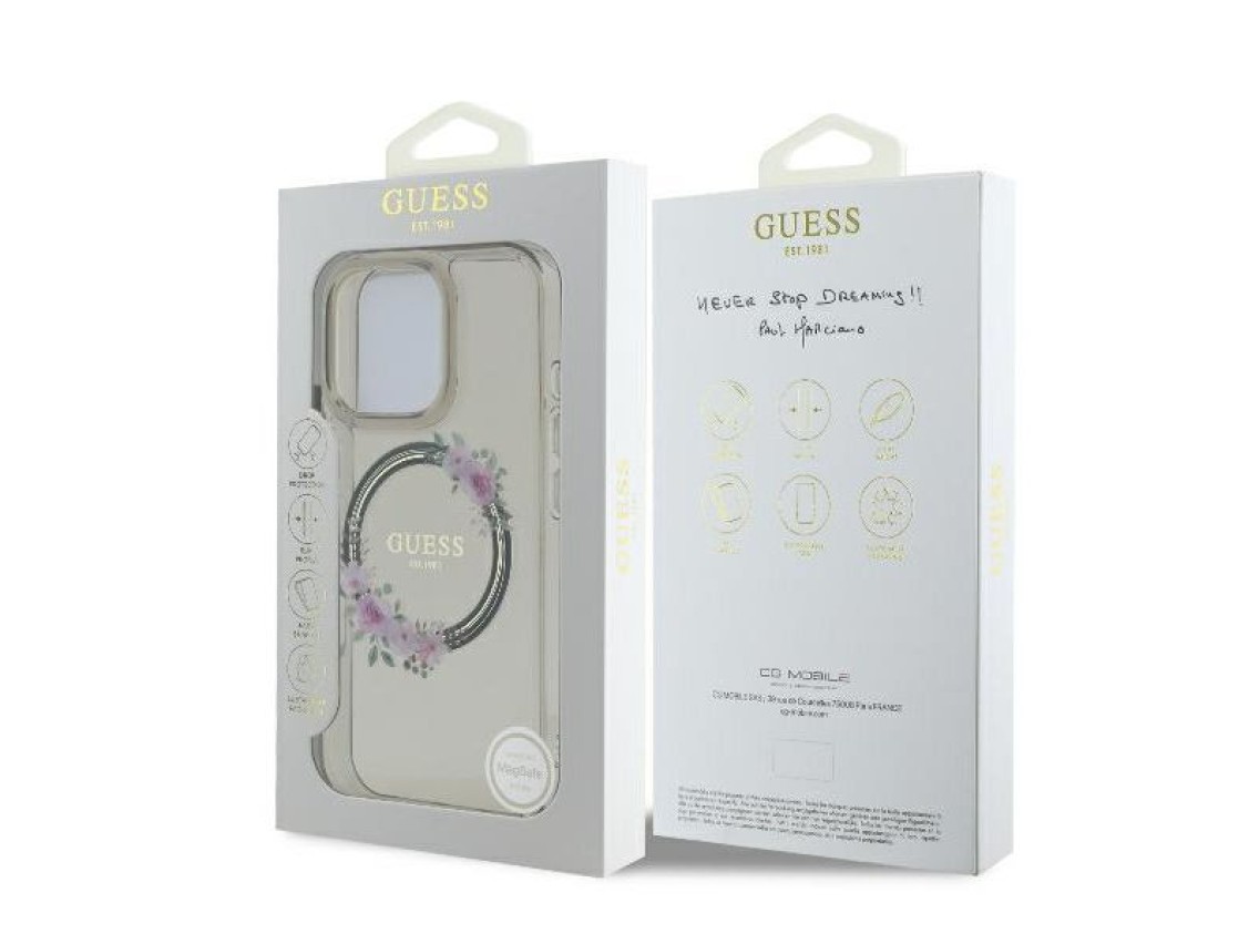 Funda rígida negra Guess GUHMP16XHFWFCK para iPhone 16 Pro Max de 6,9" con diseño de corona floral I