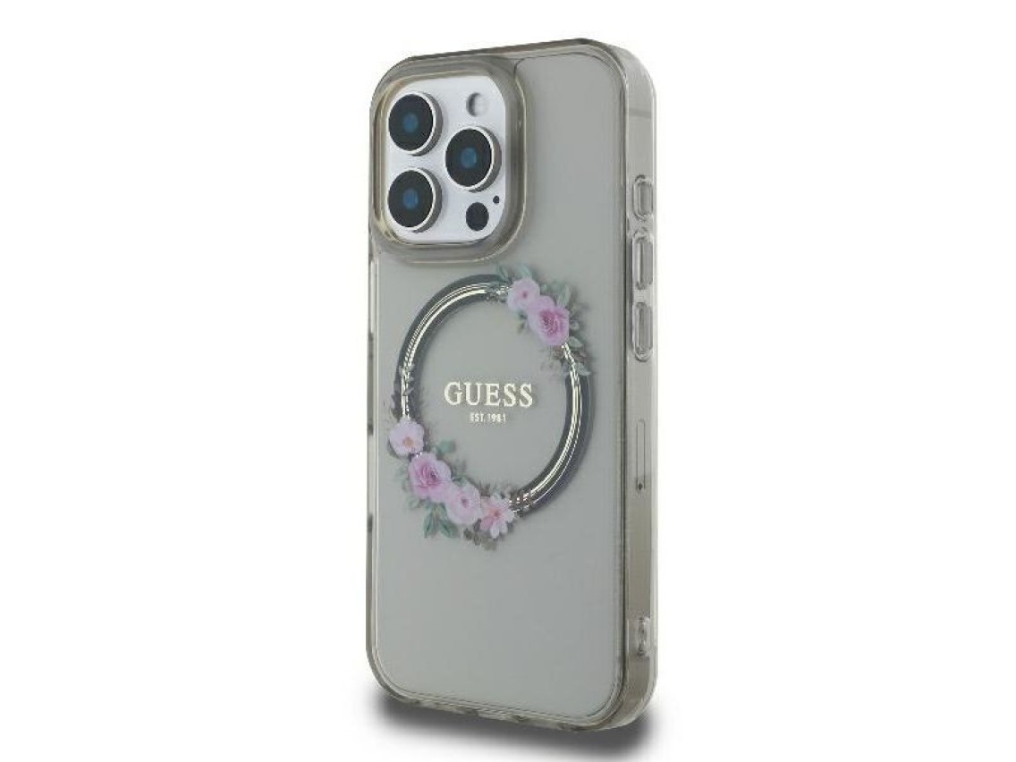 Funda rígida negra Guess GUHMP16XHFWFCK para iPhone 16 Pro Max de 6,9" con diseño de corona floral I