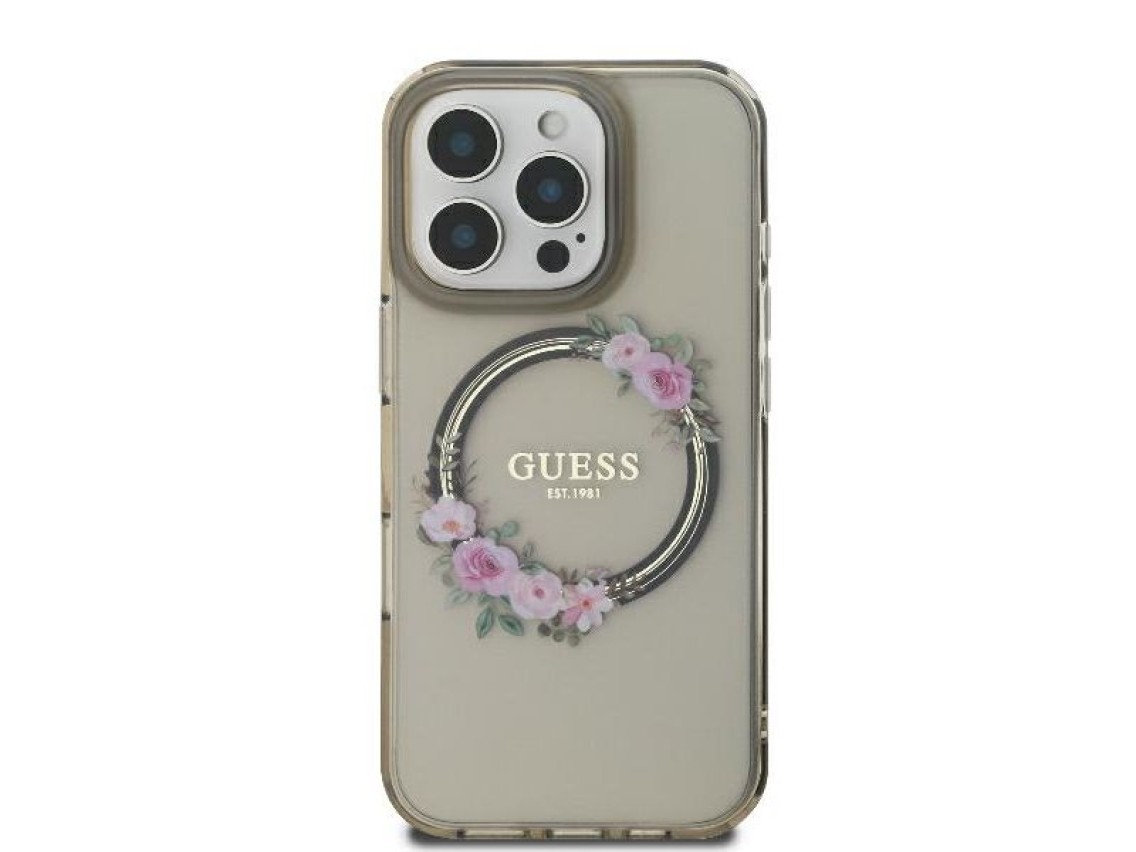 Funda rígida negra Guess GUHMP16XHFWFCK para iPhone 16 Pro Max de 6,9" con diseño de corona floral I