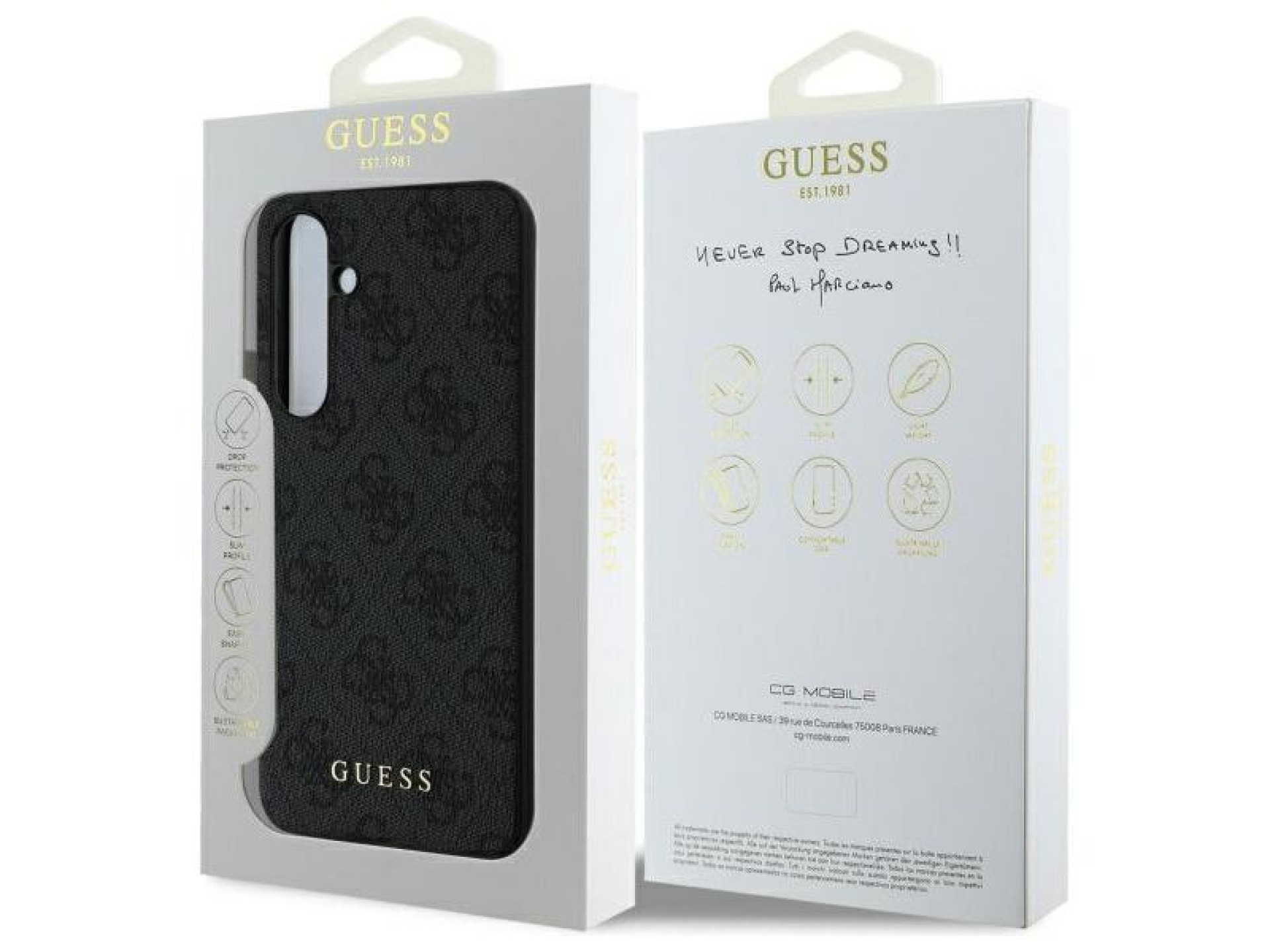 Estuche rígido gris/gris Guess GUHCS24FEGF4GGR S24 FE S721, colección Charms 4G