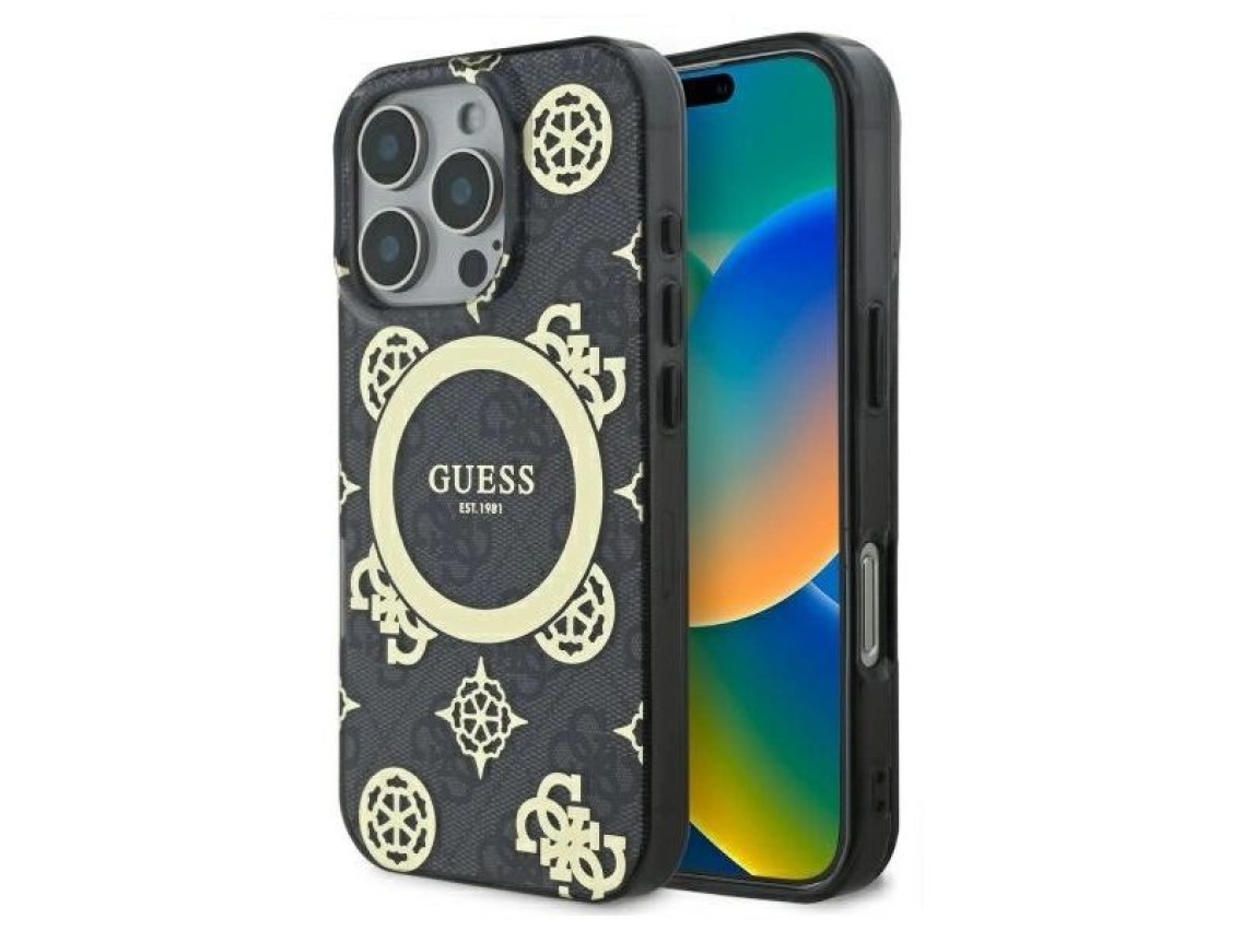 Capa MagSafe Guess IML Peony On 4G Background para iPhone 16 Pro Max - Preta
