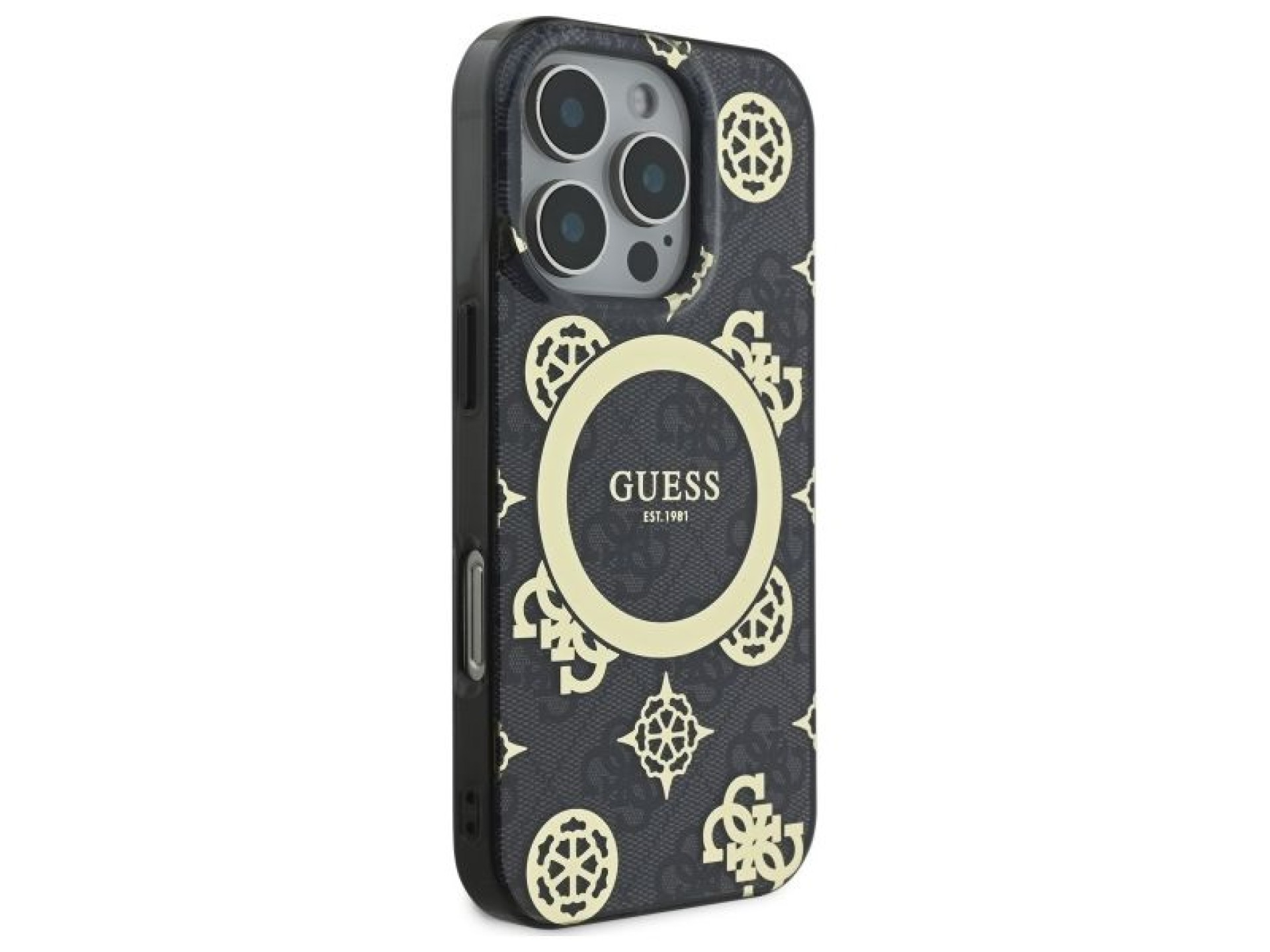 Capa MagSafe Guess IML Peony On 4G Background para iPhone 16 Pro Max - Preta