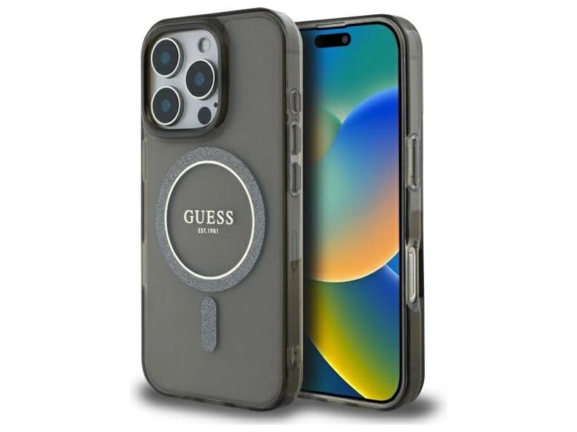 Capa Guess IML Glitter Circle MagSafe para iPhone 16 Pro - preta