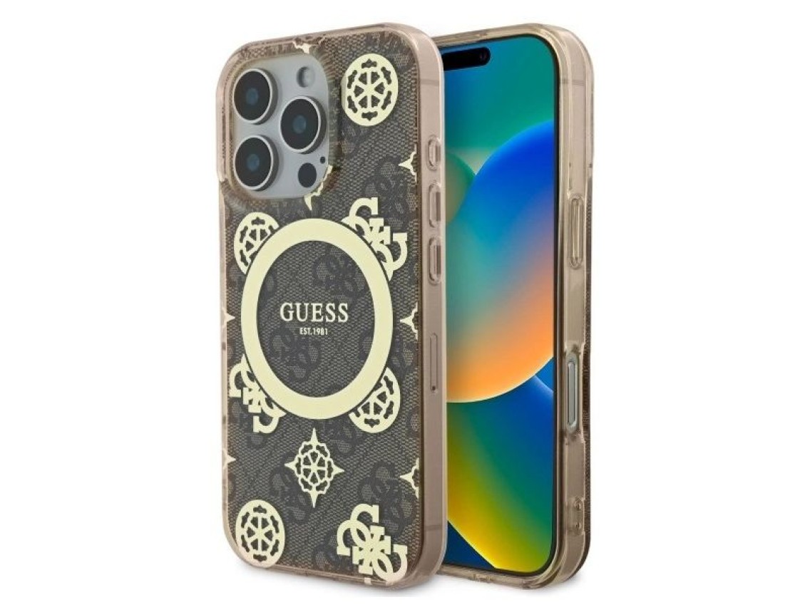 Guess IML Peony On 4G Background MagSafe Case for iPhone 16 Pro Max - Brown