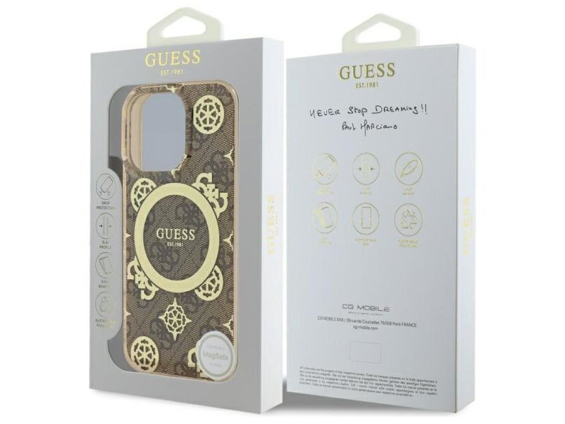 Guess IML Peony On 4G Background MagSafe Case for iPhone 16 Pro Max - Brown