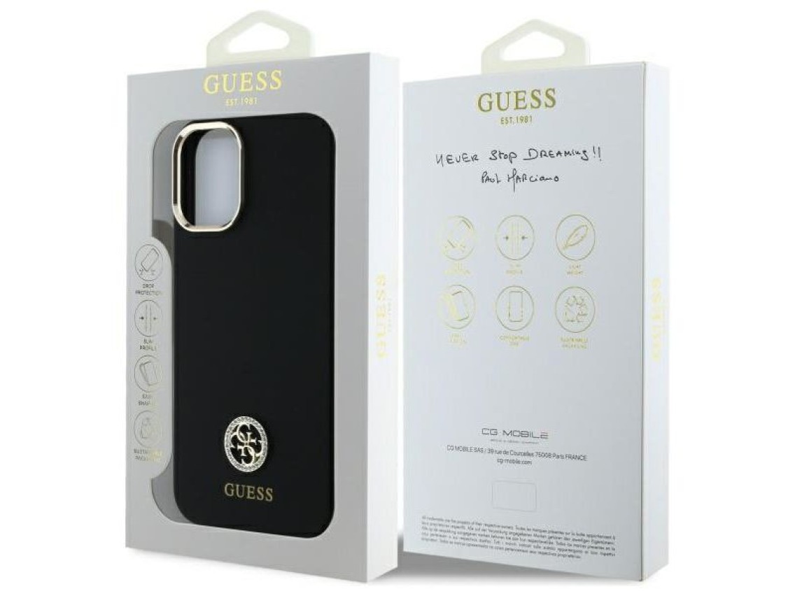 Capa Guess de silicone com logo e detalhes em strass para iPhone 16 - Preta