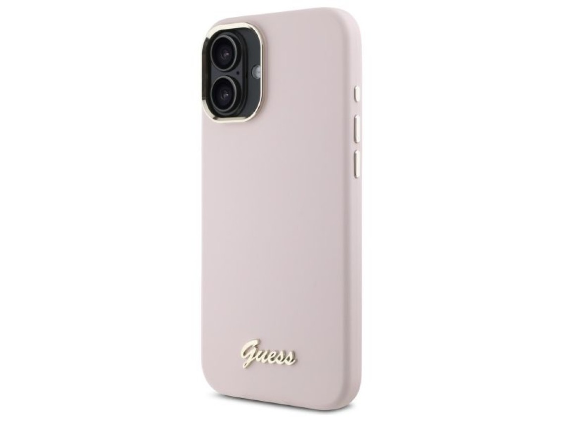 Guess Silicone Script Metal Logo & Frame iPhone 16 Case - Pink