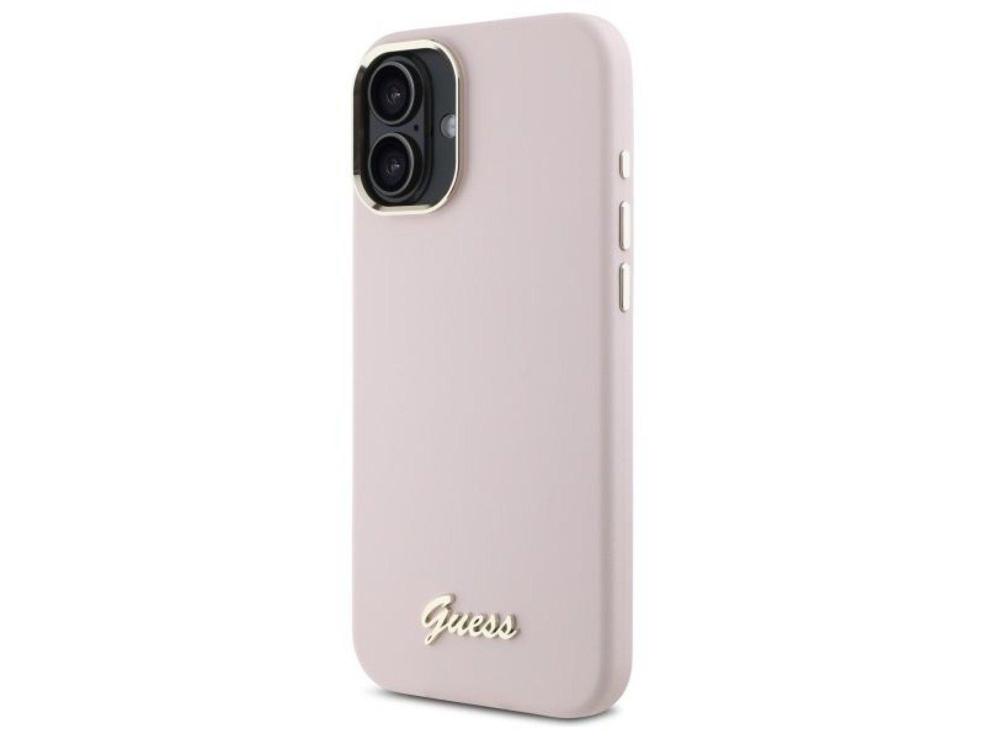 Guess Silicone Script Metal Logo & Frame iPhone 16 Case - Pink