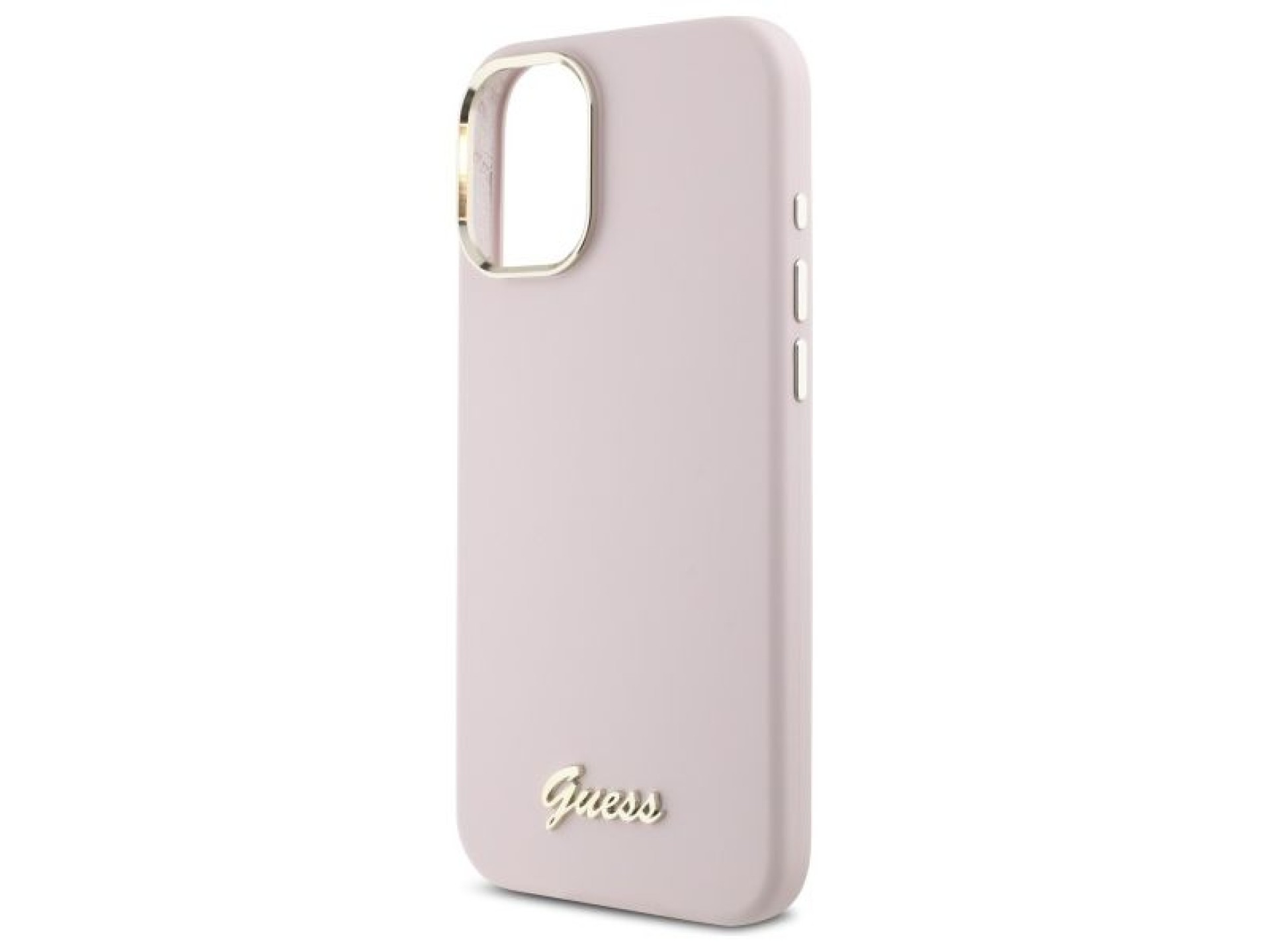 Guess Silicone Script Metal Logo & Frame iPhone 16 Case - Pink