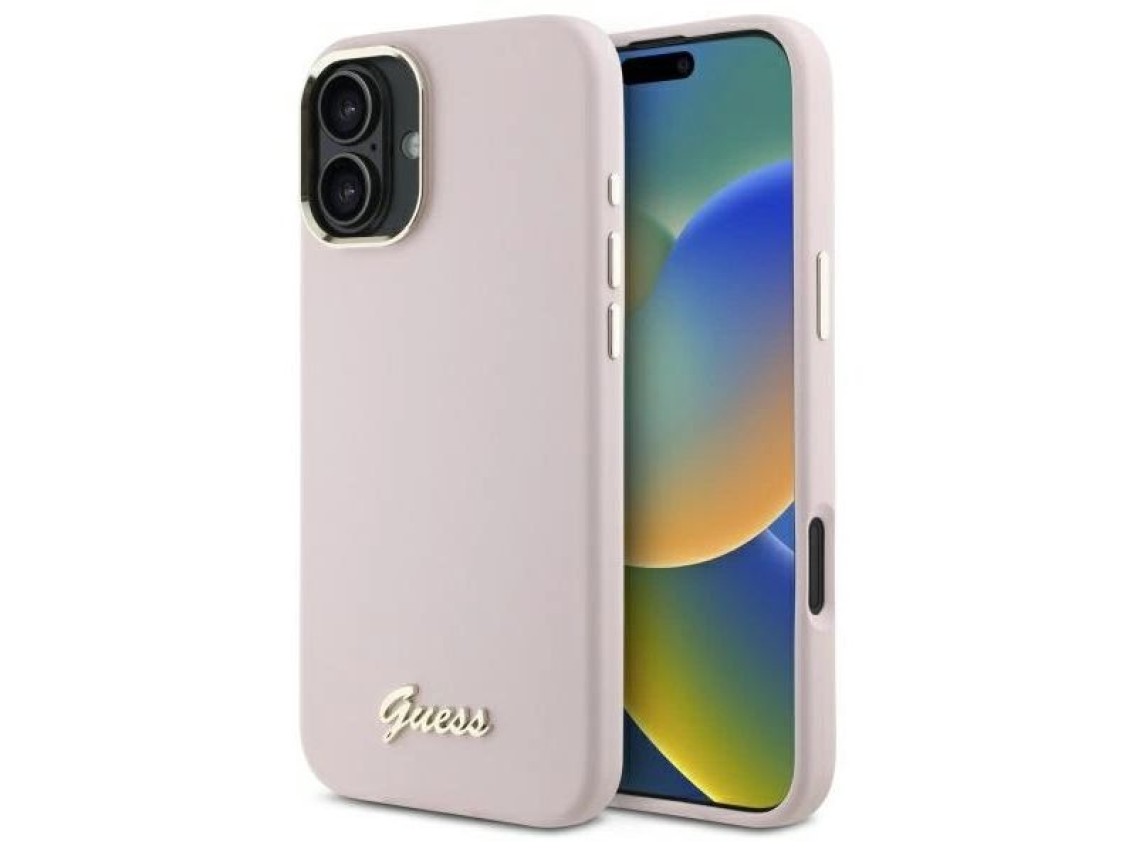 Guess Silicone Script Metal Logo & Frame iPhone 16 Case - Pink