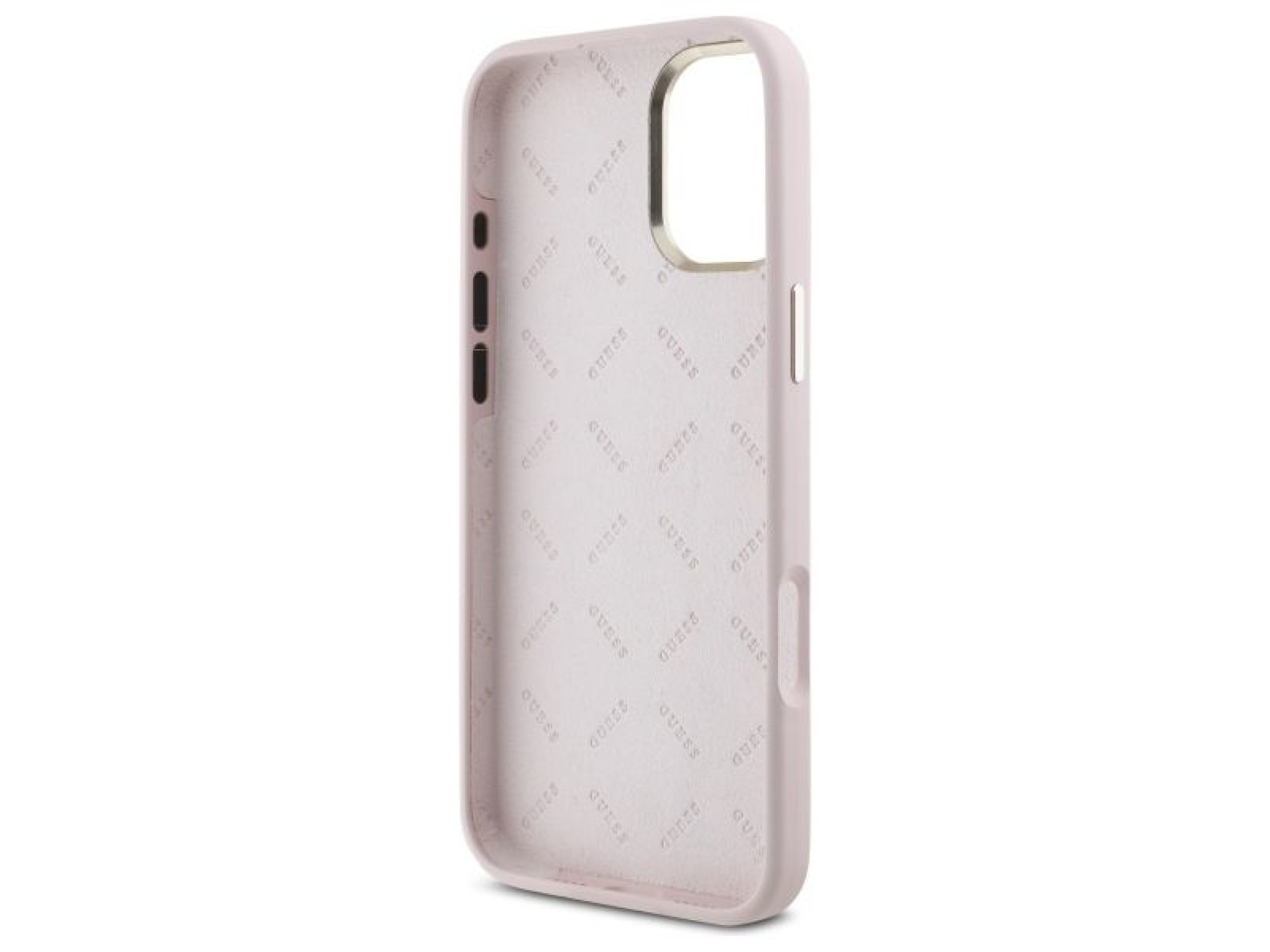 Guess Silicone Script Metal Logo & Frame iPhone 16 Case - Pink