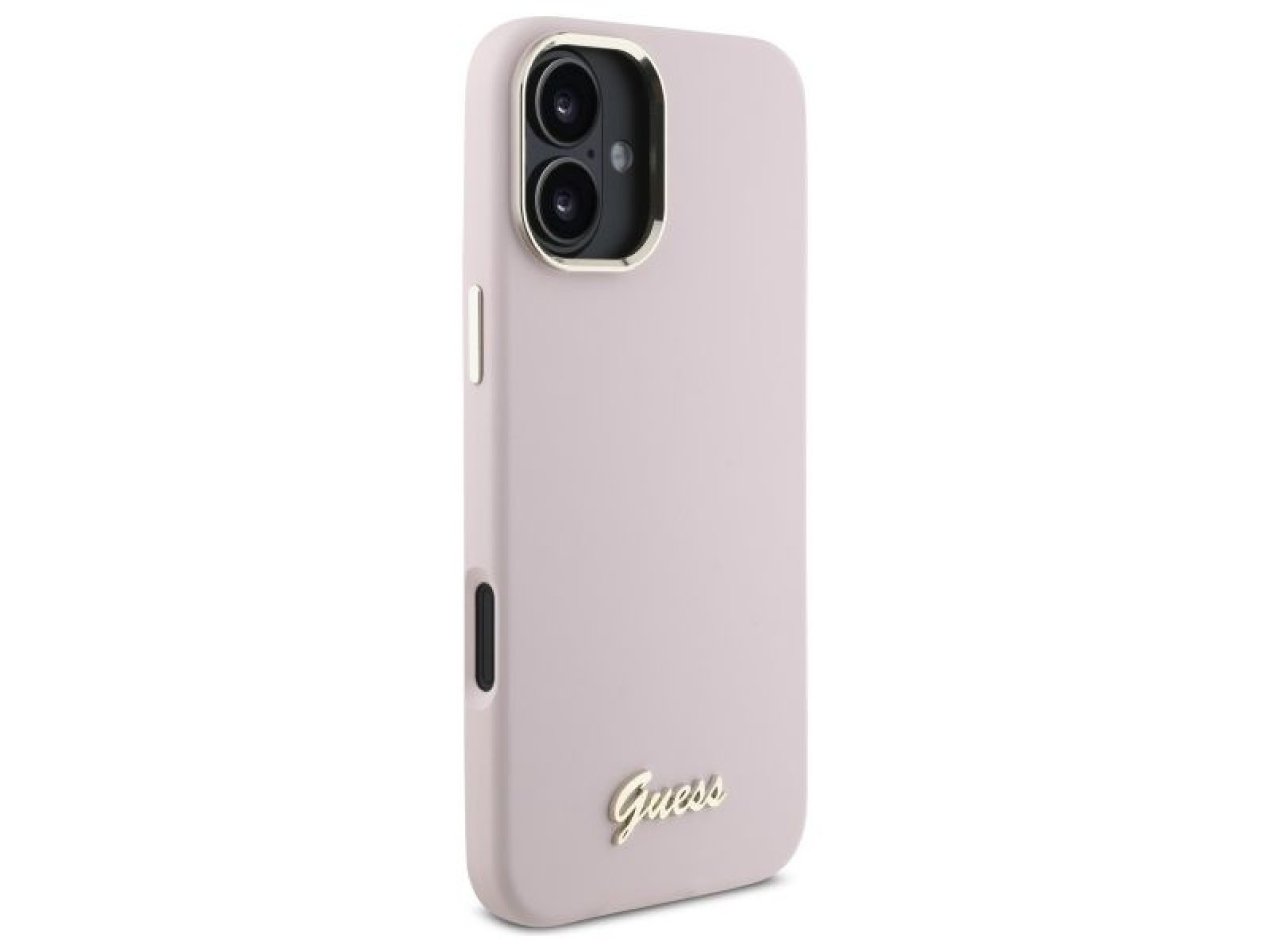 Guess Silicone Script Metal Logo & Frame iPhone 16 Case - Pink