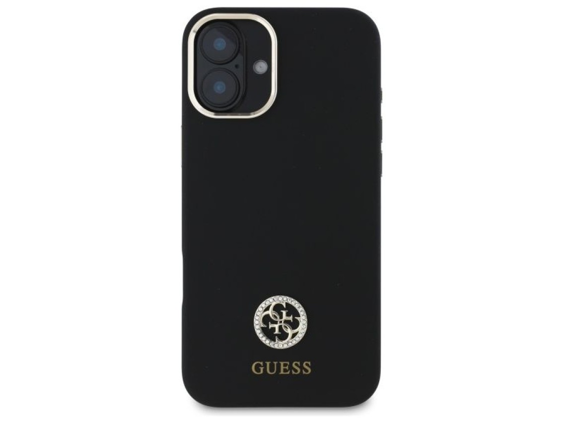 Capa Guess de silicone com logo e detalhes em strass para iPhone 16 - Preta