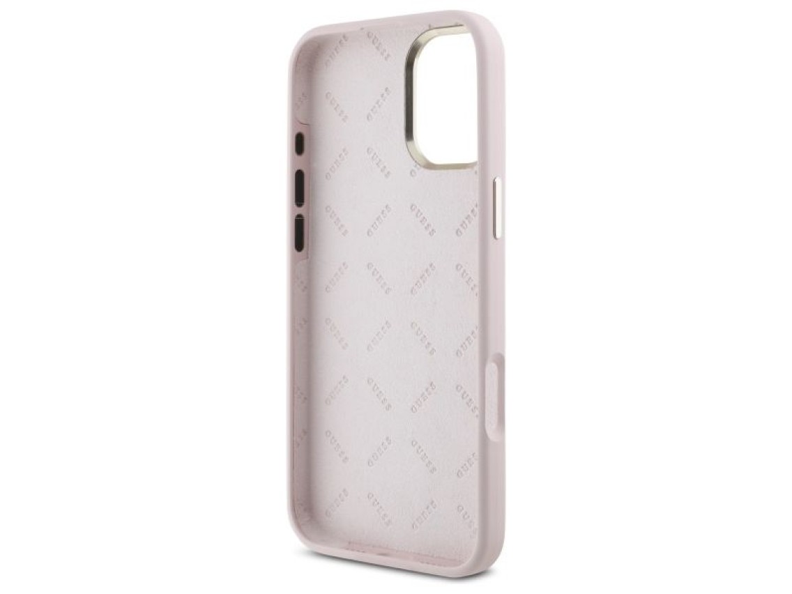 Guess Silicone Script Metal Logo & Frame iPhone 16 Case - Pink