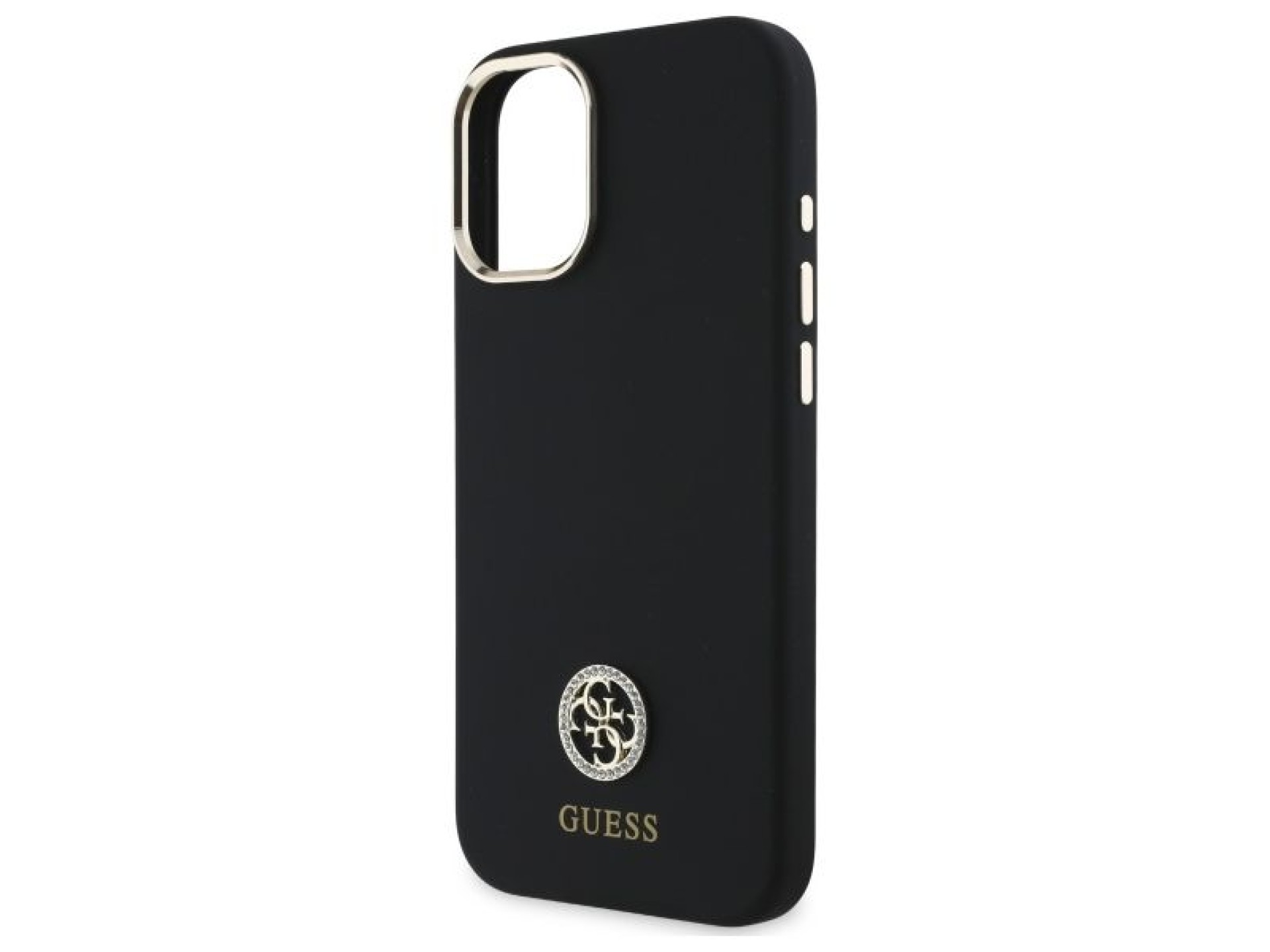 Capa Guess de silicone com logo e detalhes em strass para iPhone 16 - Preta