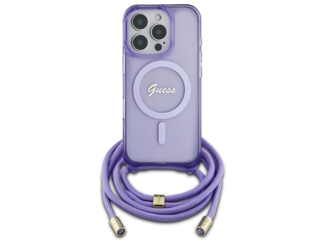 Capa Guess Crossbody Cord Script MagSafe para iPhone 16 Pro Max - Roxa