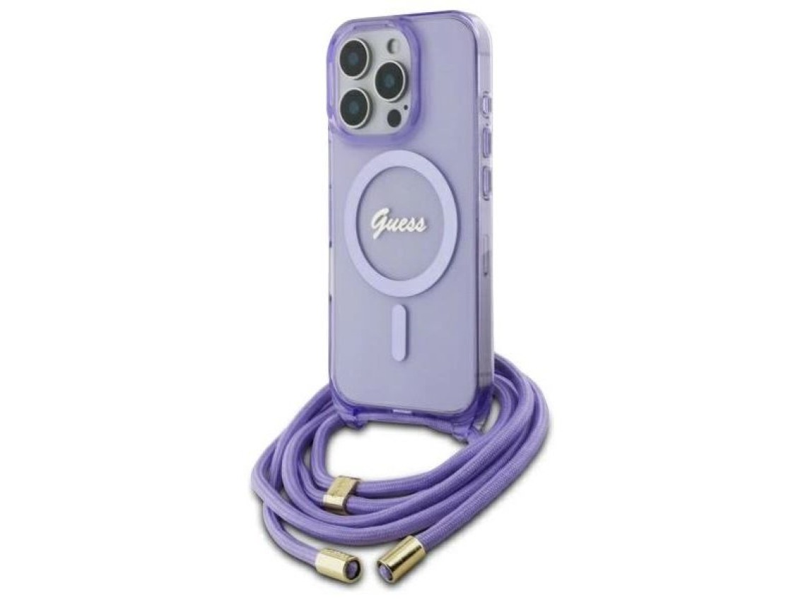 Capa Guess Crossbody Cord Script MagSafe para iPhone 16 Pro Max - Roxa