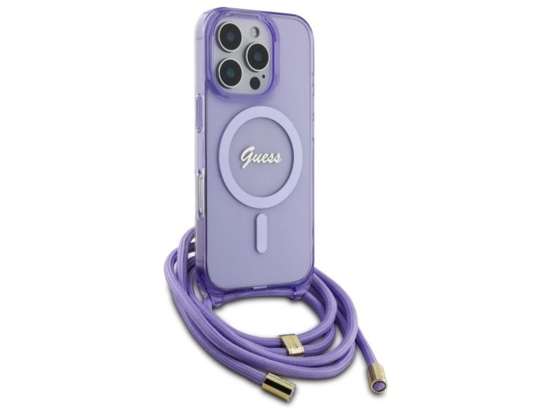 Capa Guess Crossbody Cord Script MagSafe para iPhone 16 Pro Max - Roxa