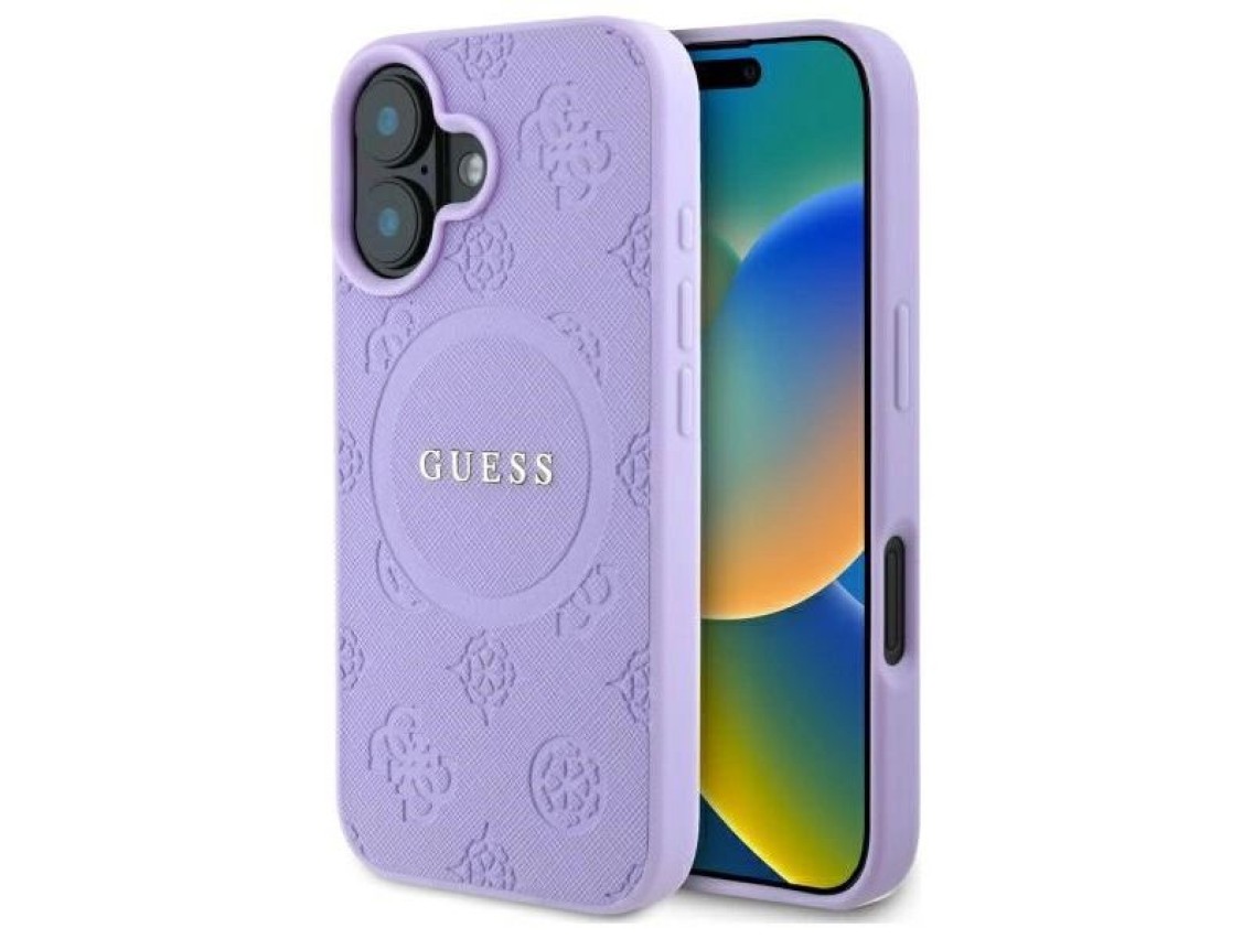 Capa Guess Saffiano Peony Classic Logo MagSafena para iPhone 16 Plus - Roxa