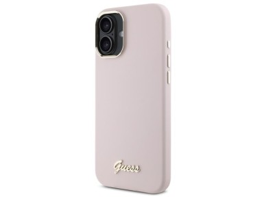 Guess Silicone Script Metal Logo & Frame iPhone 16 Plus Case - Pink Guess Silicone Script Metal Logo & Frame iPhone 16 Plus Case - Pink