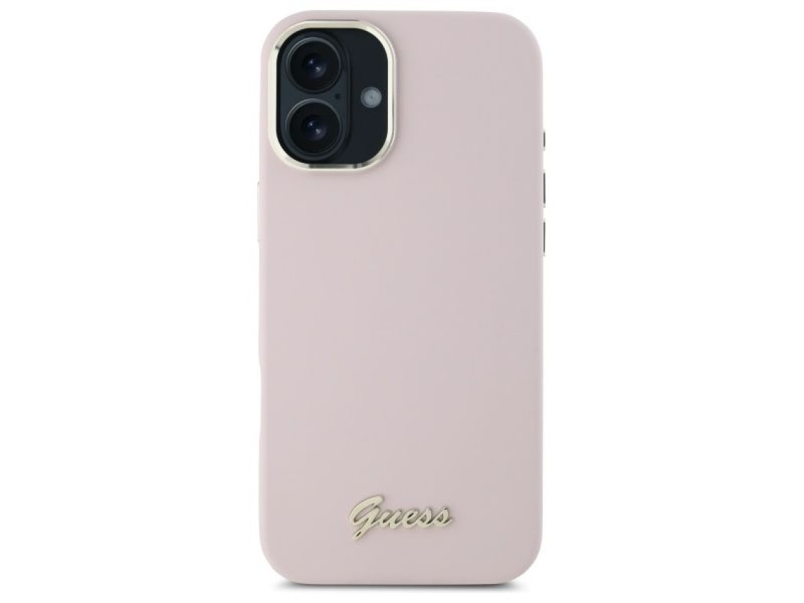 Guess Silicone Script Metal Logo & Frame iPhone 16 Plus Case - Pink