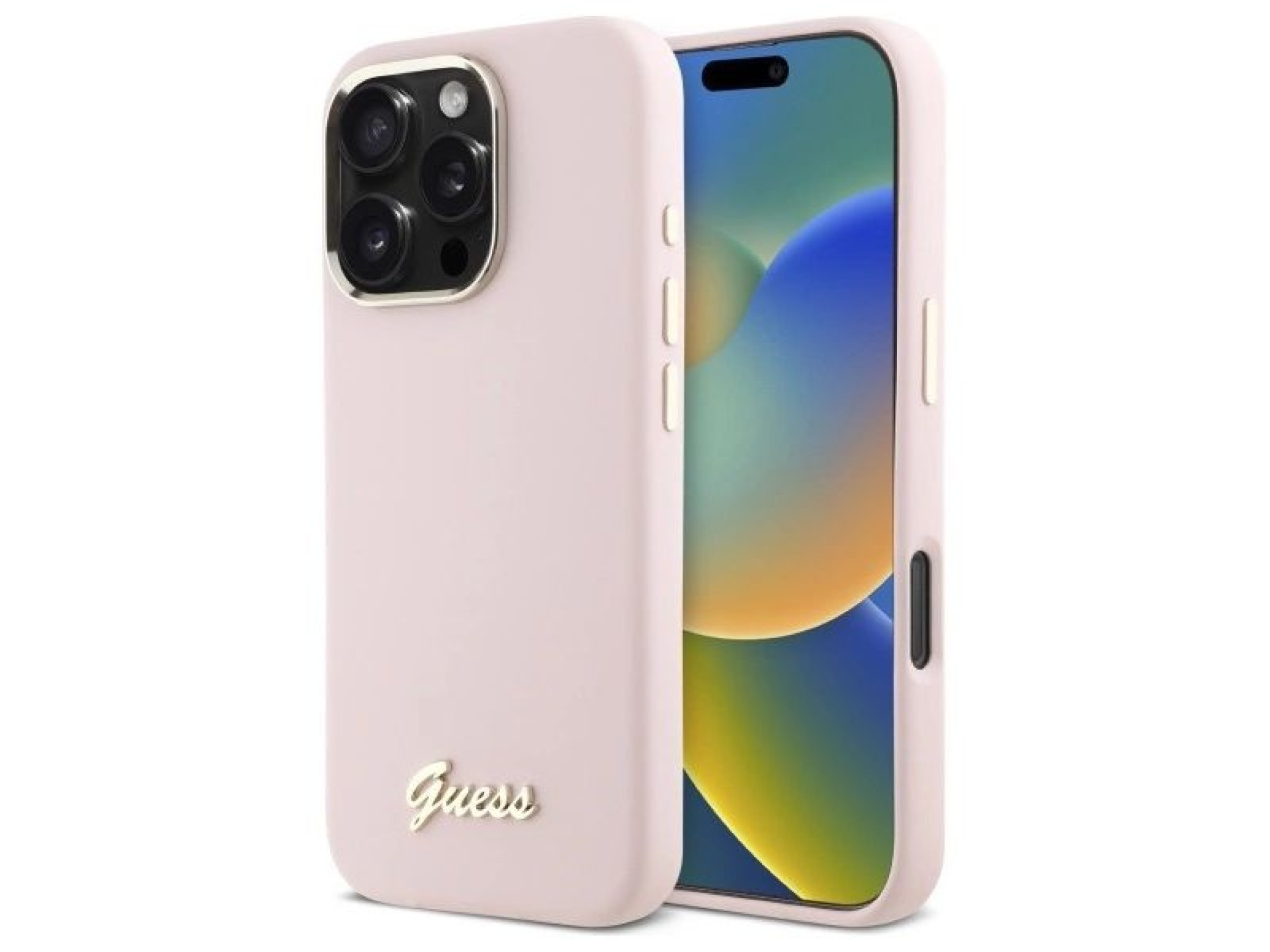Guess Silicone Script Metal Logo & Frame iPhone 16 Pro Case - Pink