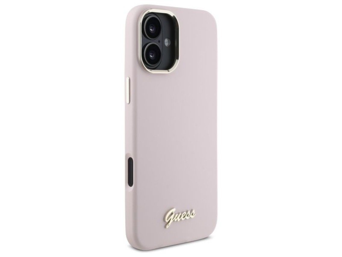Guess Silicone Script Metal Logo & Frame iPhone 16 Plus Case - Pink