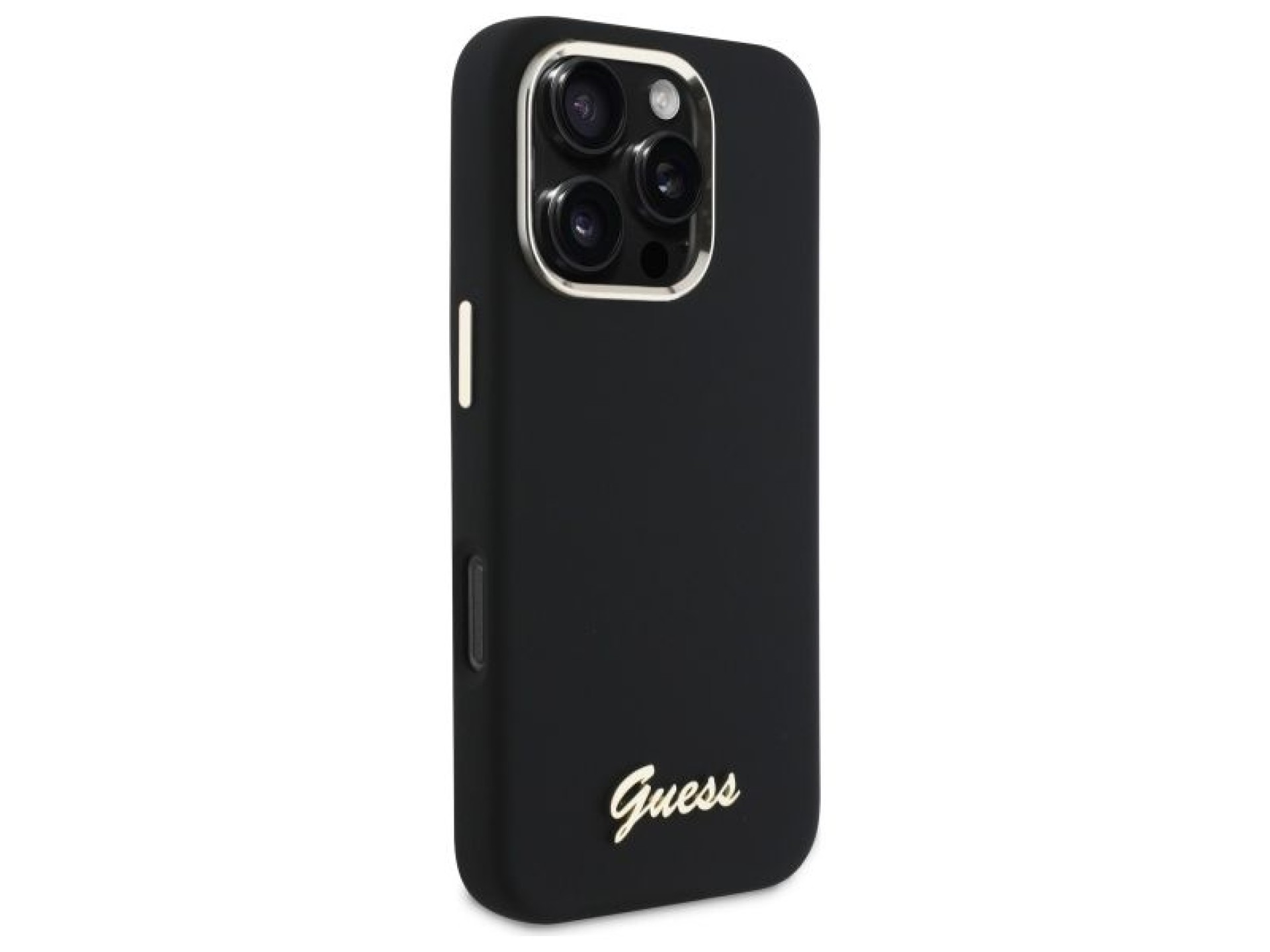 Funda Guess de silicona con logotipo metálico y marco para iPhone 16 Pro - Negra