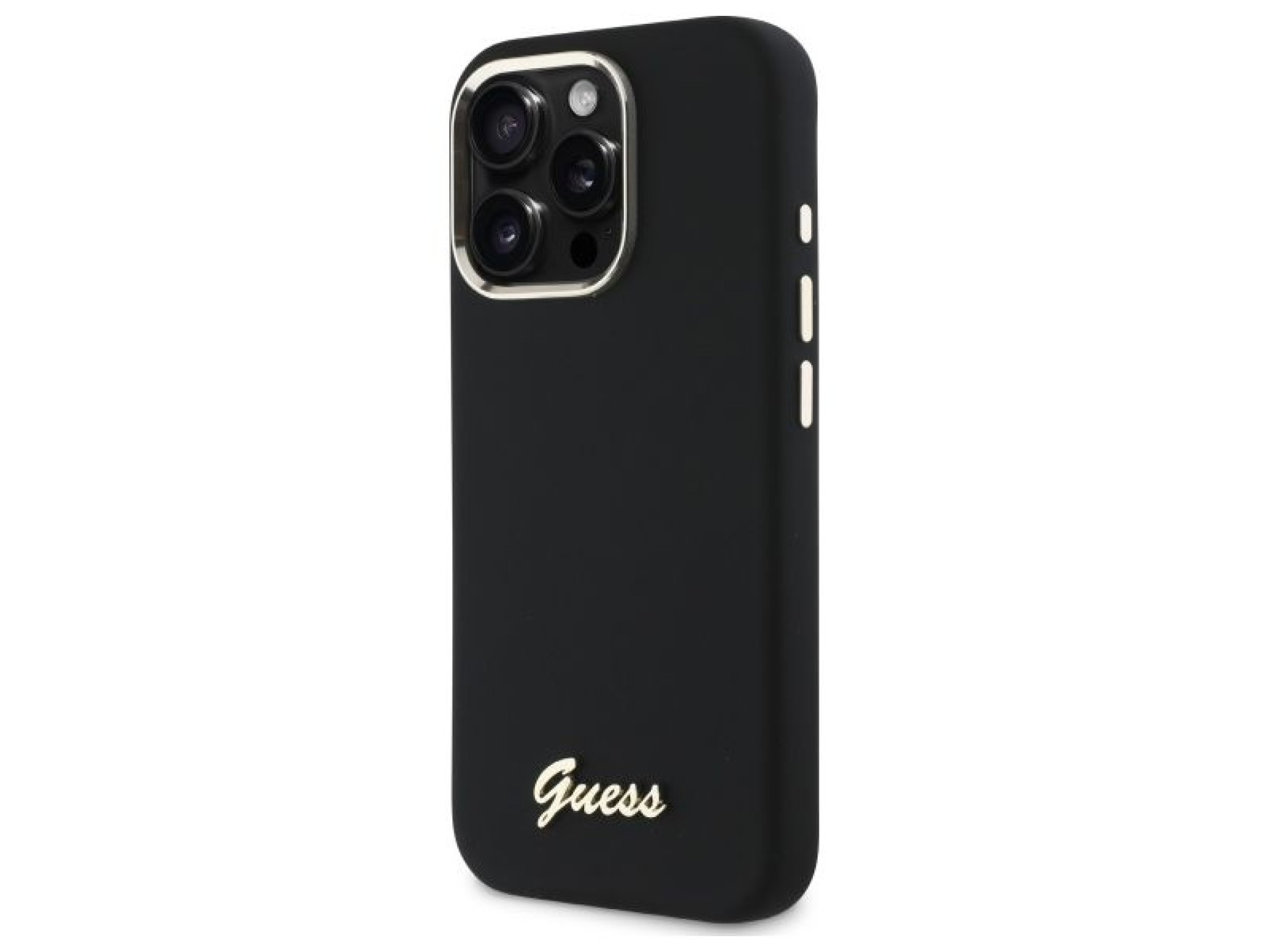 Funda Guess de silicona con logotipo metálico y marco para iPhone 16 Pro - Negra