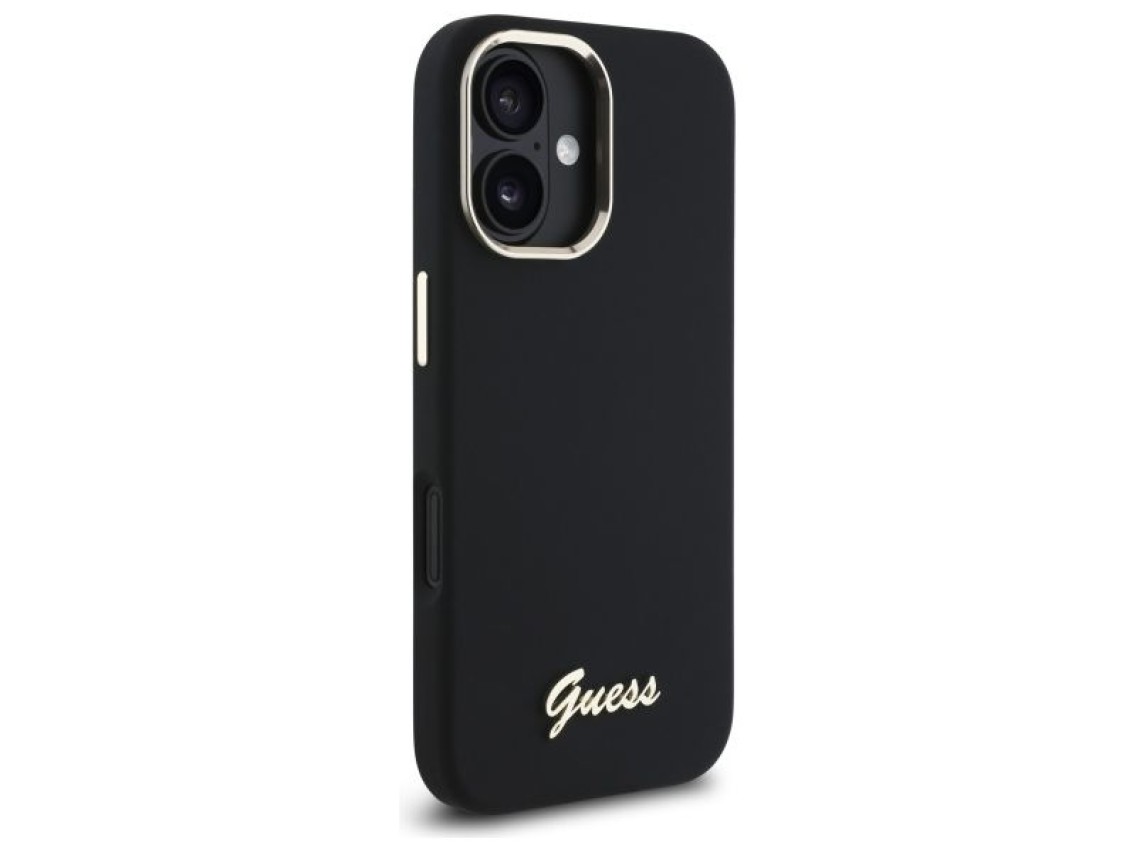 Funda Guess de silicona con logotipo metálico y marco para iPhone 16 - Negra