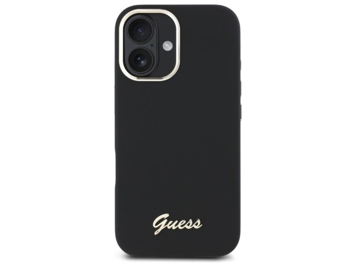 Funda Guess de silicona con logotipo metálico y marco para iPhone 16 - Negra