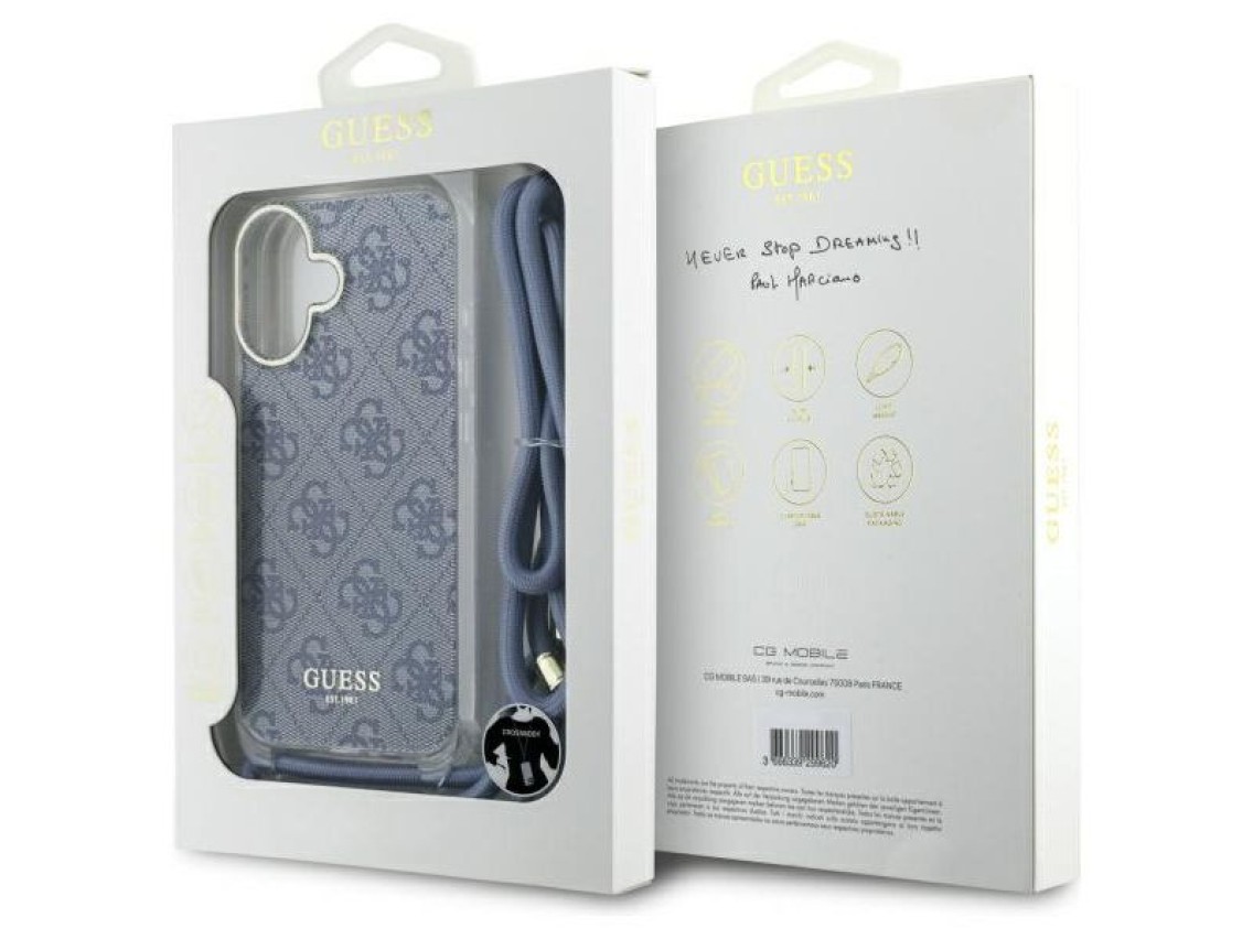 Capa Guess Crossbody Cord 4G Print com cordão para iPhone 16 - Azul