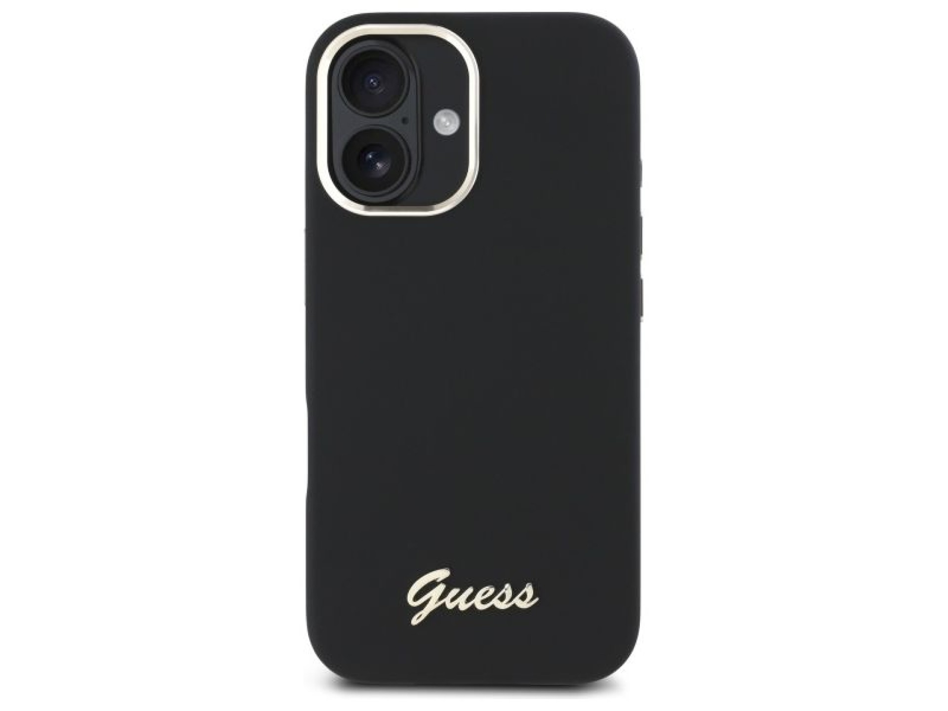 Funda Guess de silicona con logotipo metálico y marco para iPhone 16 - Negra
