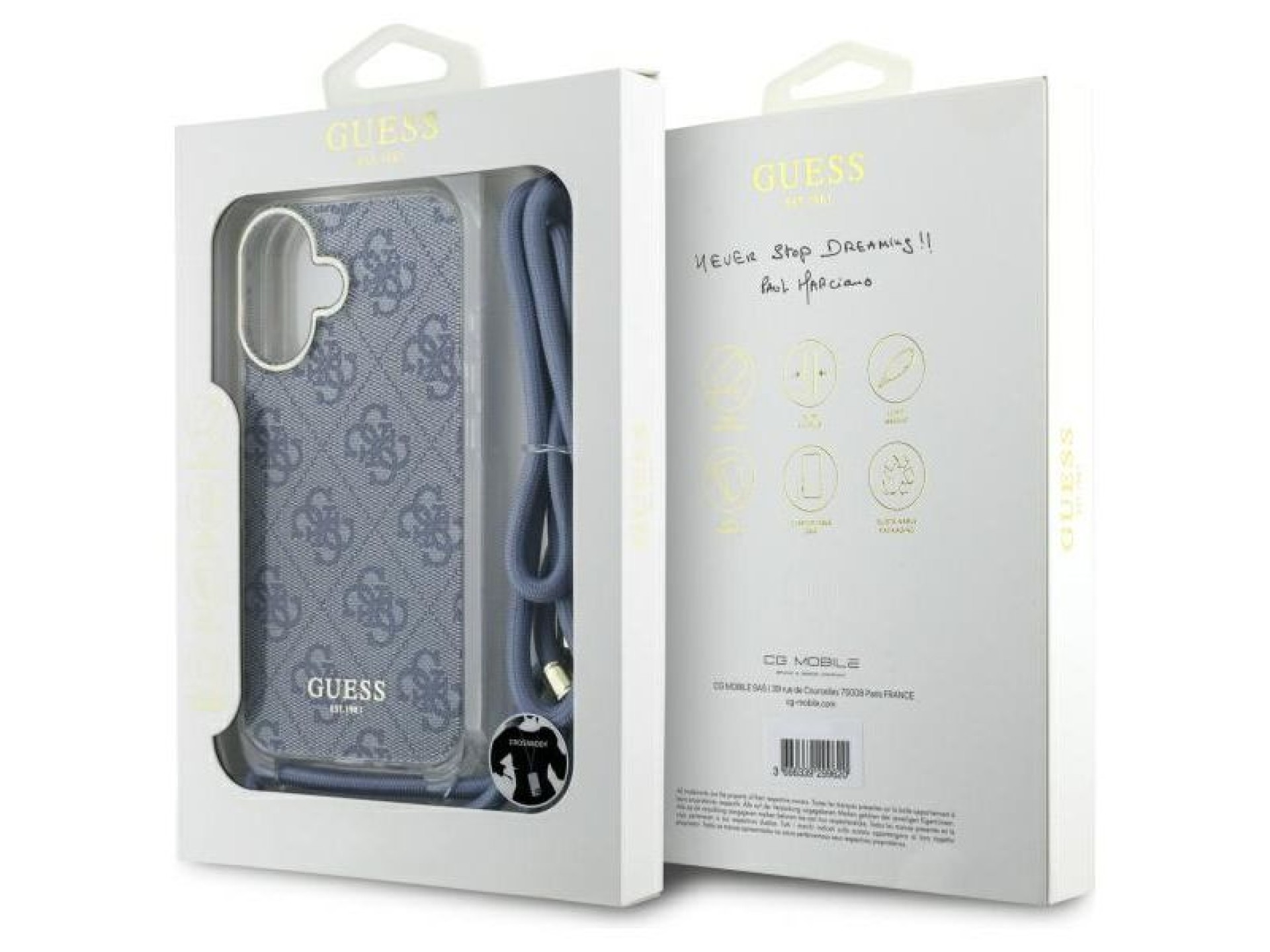 Capa Guess Crossbody Cord 4G Print com cordão para iPhone 16 - Azul