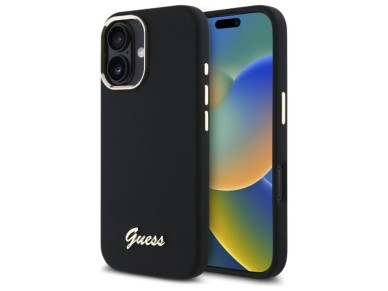 Guess Silicone Script Metal Logo & Frame Case for iPhone 16 - Black Guess Silicone Script Metal Logo & Frame Case for iPhone 16 - Black