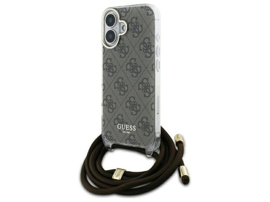 Funda Guess Crossbody Cord 4G Print con cordón para iPhone 16 - Marrón