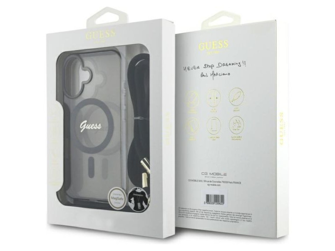 Capa Guess Crossbody Cord Script MagSafe para iPhone 16 - Preta