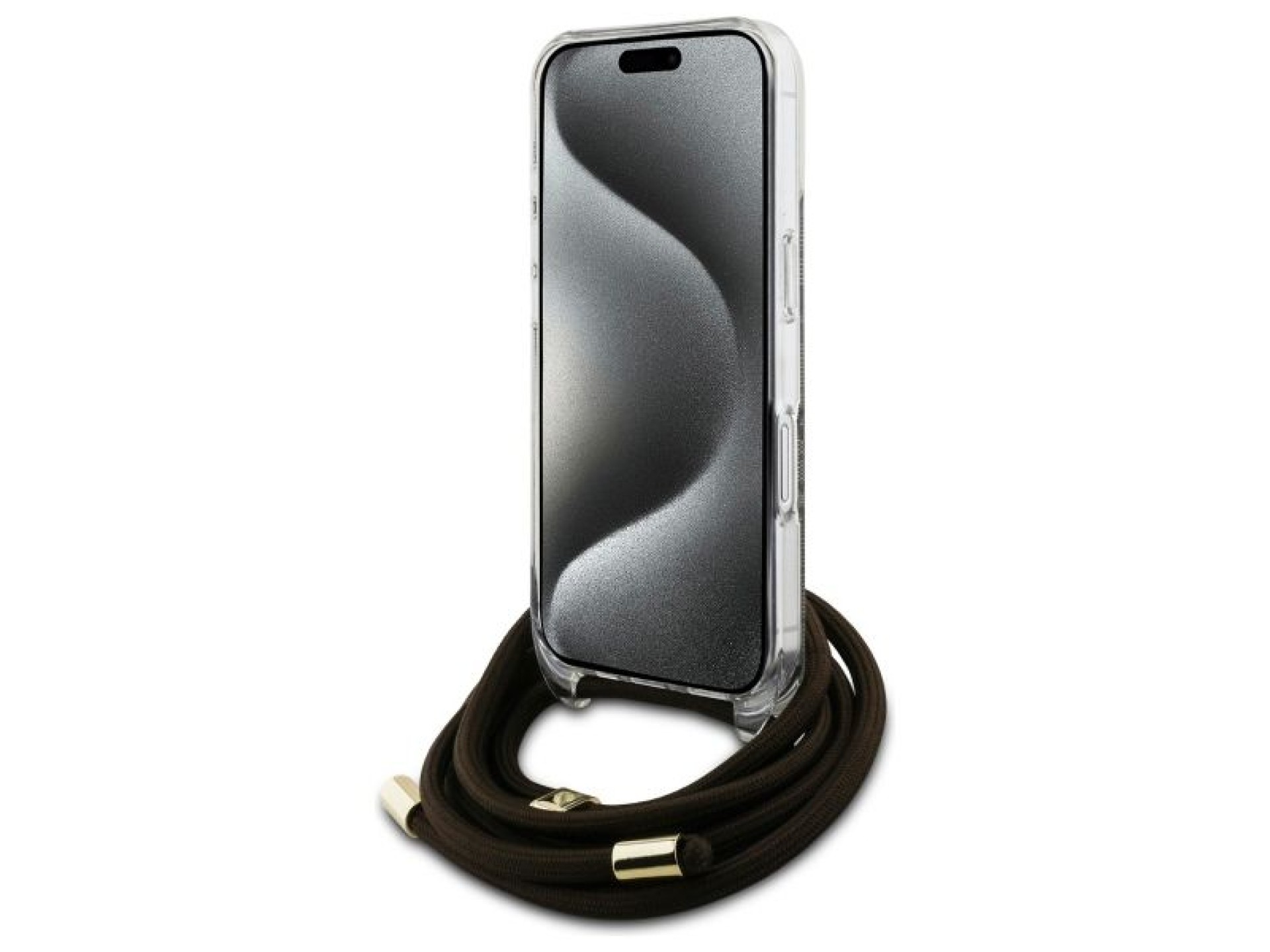 Funda Guess Crossbody Cord 4G Print con cordón para iPhone 16 - Marrón