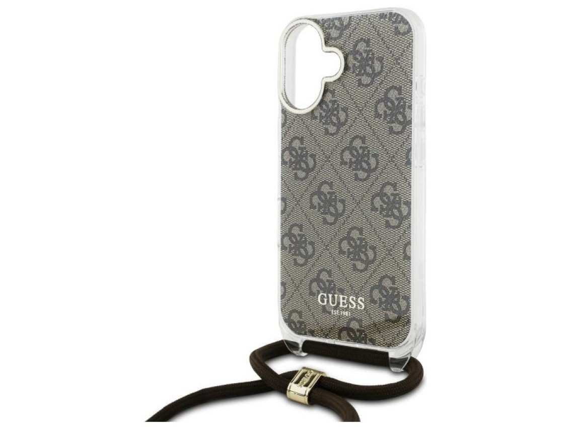 Funda Guess Crossbody Cord 4G Print con cordón para iPhone 16 - Marrón
